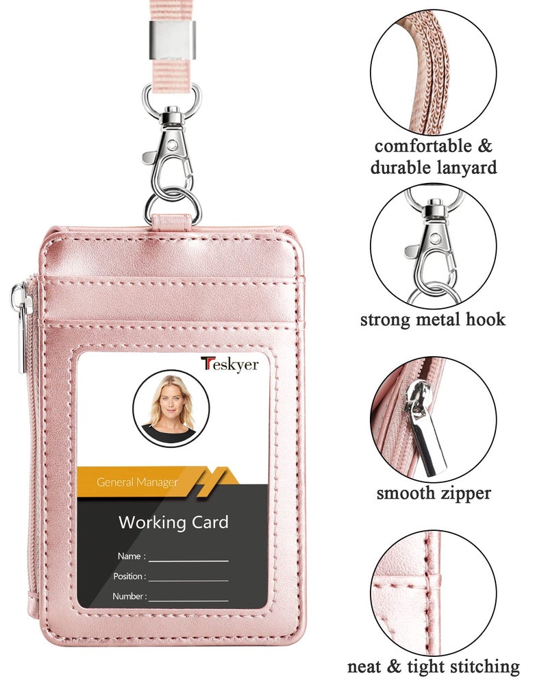 Teskyer Badge Holder with Side Zip Pocket  Multiple Card Slots Leather ID Holder Wallet with Neck Lanyard for Office Staffs  Teachers/Students  Couriers  Workers  Rose Gold - Image 3